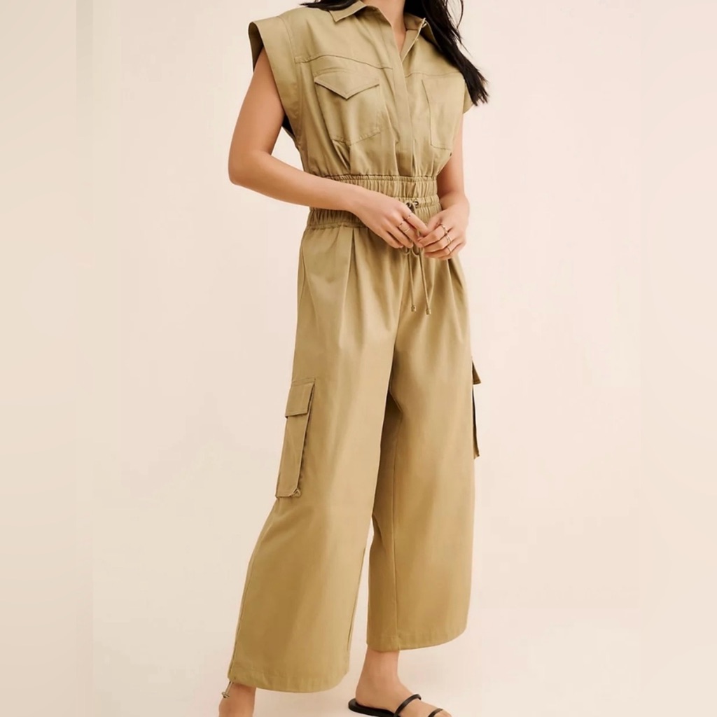 Farm Rio Cotton Olive Khaki Utility Jumpsuit